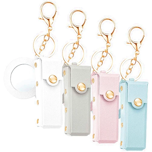 Aswewamt 4Pcs Lipstick Holder Keychain with Mirror, PU Leather Chapstick Case Lip Balm Organizer Lip Gloss Keychain Holder Portable Sleeve Lipstick Pouch for Women (White+Blue+Pink+Gray)
