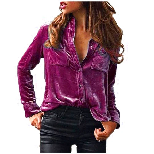 SMIDOW Women's Long Sleeve Velvet Shirt Lapel Button Up Tops Golden Velvet Polo Shirt Solid Gold Velour Blouse