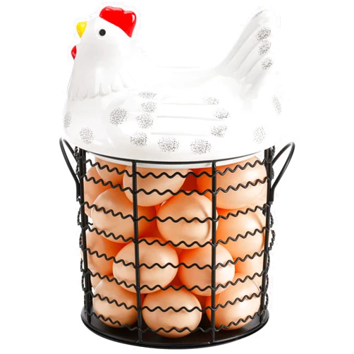 Hiceeden Metal Wire Chicken Egg Storage Basket, Decorative Fresh Egg Holder with Ceramic Chicken Design Lid, Portable Round Collectiong Basket for Kitchen Supplies, Pantry