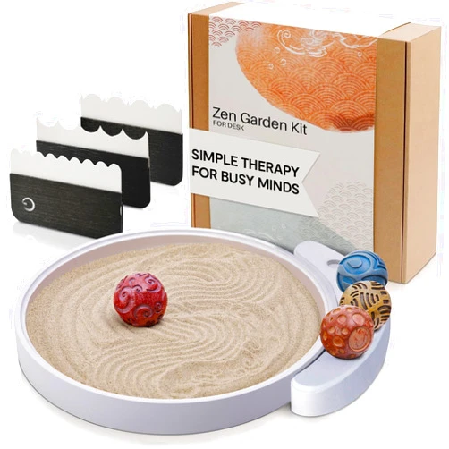 ENSO SENSORY ENSO Japanese Zen Garden Kit for Desk - Inori Premium Sand Garden Gift Set for Meditation Therapy - Mini Zen Décor Office Desktop Accessories - Solid Wood Tray, 4 Hand Crafted Spheres & Custom Holder