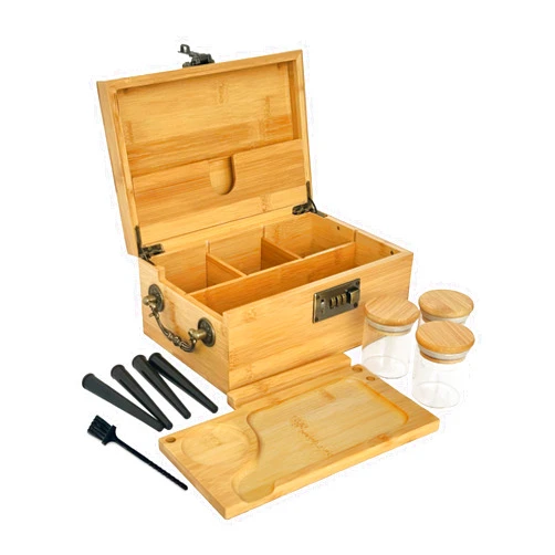 JIABOLANG Large Bamboo Stash Box with Combination Lock, Locking Stashbox Organizer Set with Metal Handle Detachable Compartment Kit, Home Decorative Storage Box for Coffee Bean Tea Candy, Lockable Keepsake Box