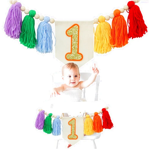 HODIHIWI Handmade Rainbow 1st Birthday HighChair Banner Colorful Party Decoration For Girls Boys Baby Shower Wall Hangings Decorative
