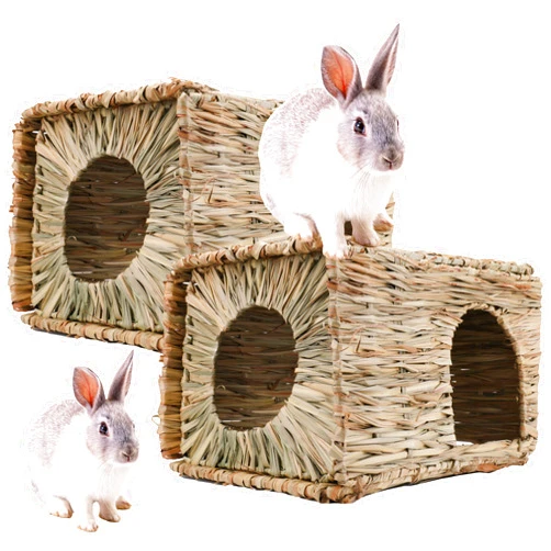 WUWEOT 2 Pack Large Grass Bunny House, Foldable Woven Animal Hut, Play Hideaway Bed Hay Mat Chew Toy for Rabbit, Guinea Pigs, Gerbils, Hamster and Small Animals, 11