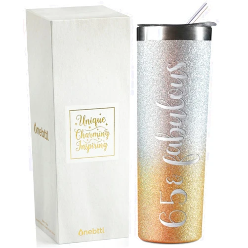 Onebttl 65th Birthday Gifts for Women, 65 & Fabulous, 20 Oz Insulated Stainless Steel Skinny Wine Tumbler for Mom, Best Friend, Sister, Aunt, Wife, Coworkers, Glitter Silver & Gold