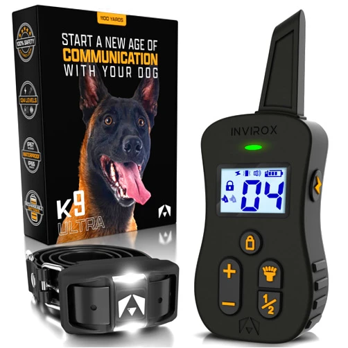 INVIROX Shock Collar for Dogs [Ultra K9] 124 Training Levels, 4 Powerful Modes with Night-Light and ¾ Mile Range 100% Safe Dog Training Collar for Large Dogs IP67 Waterproof E Collar