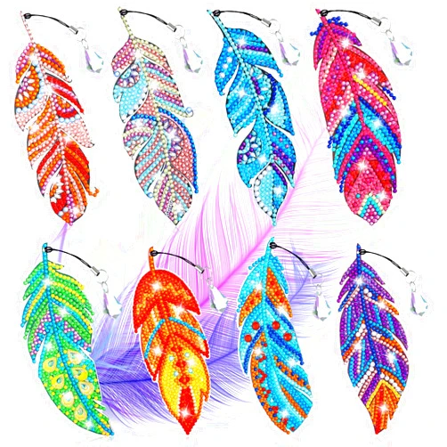 Tinlade 8 Pcs 5D Diamond Painting Bookmarks Kits DIY Feather Bookmark Diamond Art Bookmarks Crystal Shaped Diamond Feather Bookmark for Home Office Project
