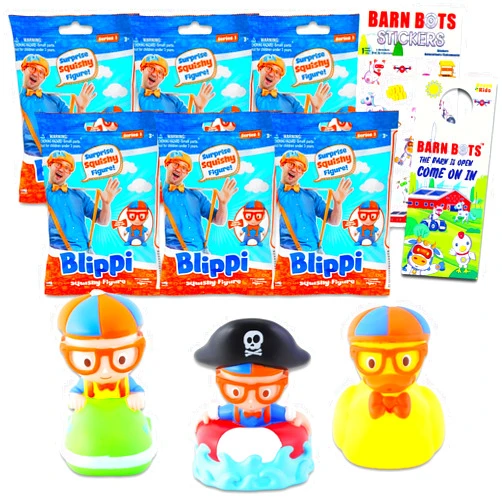 Blippi Bath Toys Blind Bag Figures Set -- 6 Pack Bundle With Bath Squirter Figures Plus Stickers | Mystery Toy Party Favors for Kids