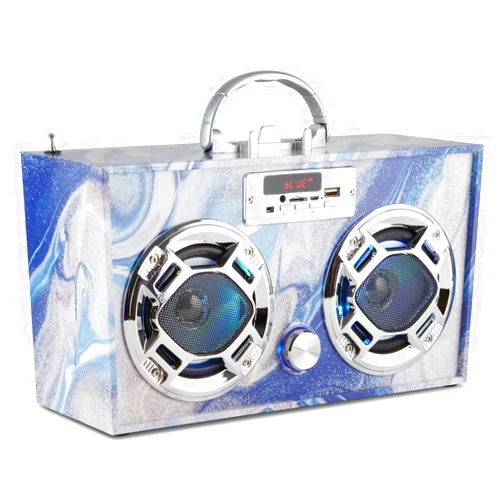 Wireless Express Portable Party Speaker: Retro Boombox with Bluetooth, LED Light Show, Enhanced FM Radio, Rechargeable Battery (Blue Swirl)