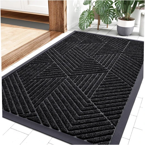 smiry Front Door Mat Outside Entrance, Heavy Duty Natural Rubber Mat, Sturdy Trap Dirt and Moisture Indoor Outdoor Door Mat, Easy Clean Low Profile Doormat Outdoor Entrance, 29.5x17 Inch, Black