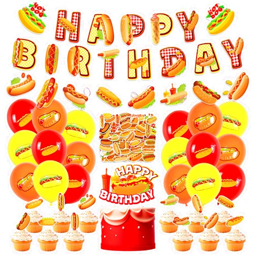 Miraitowa Hot Dog Birthday Party Decorations, Hot Dog Party Supplies Includes Happy Birthday Banner, Balloons, Cupcake Toppers, Cake Topper, Stickers for Fast Food Party