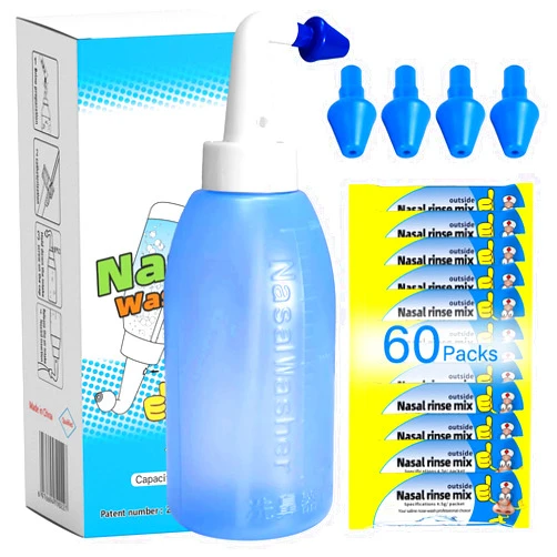 EVEME Neti Pot Sinus Rinse Bottle with 60 Nasal Wash Salt Packets,Nose Wash Cleaner Pressure Rinse Nasal Irrigation for Adult & Kid BPA Free 300 ML with Sticker Thermometer and Storage Bag