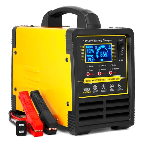 FILTERUP 12V 24V Lead-Acid Battery Charger Heavy Duty, 0-15A Smart Automatic Battery Maintainer, Trickle Charger with Repair, Auto Off, Winter Summer Mode, for Car Truck Boat Motorcycle RV Lawn Mower (Yellow)