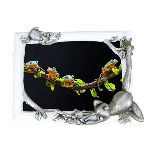 SEAKINGDOM YHH Decorative Tree frog Hand-Crafted resin Picture Frame for Tabletop Tree frog Mother and Baby Design Home Décor.. Wildlife Tree frog Figurine. Mother’s day gift （5″X7″） (Silver)