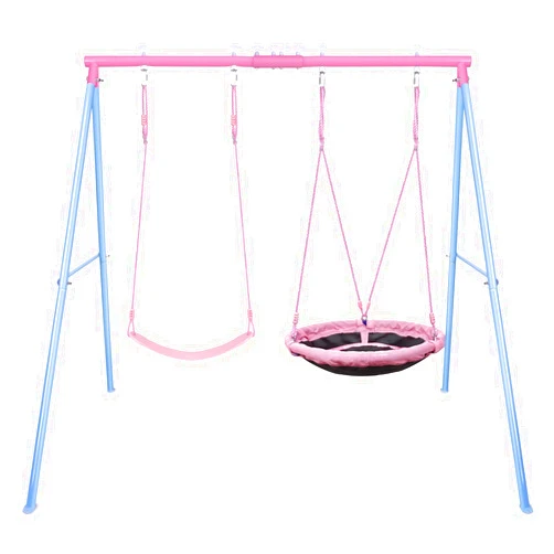 Lunafun Swing Set, 440lbs, Heavy-Duty A-Frame Metal Outdoor Swing Stand, 1 Saucer & 1 Belt Swing seat for Playground, Backyard Pink
