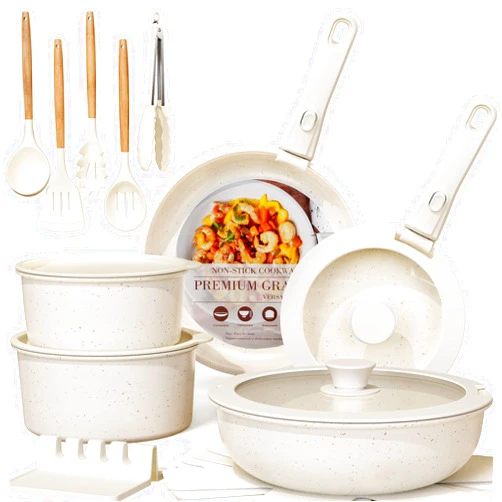 Astercook 21 Pcs Pots and Pans Set Non Stick, Ceramic Cookware Set Detachable Handle, RV Kitchen Cooking Set Removable Handles, Oven Safe, Induction Ready, Stackable Non-stick Set, Cream White