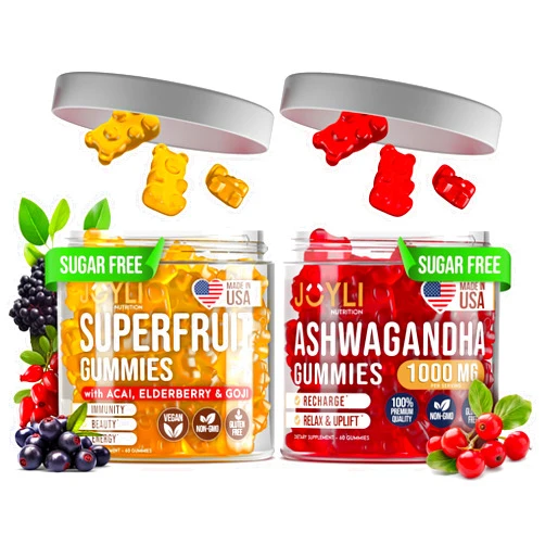 JOYLI Nutrition Joyli Ashwagandha & Superfruit Gummies Bundle – Mind & Body Balance + Daily Wellness Support – Vegan Multivitamin Formula with Goji, Elderberry, Vitamin C, D & Zinc – 2 Pack for Adults