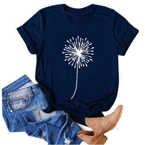 Aniywn Women's Dandelion Print Shirts Cute Graphic Round Neck Short Sleeve Tees Loose Casual Summer Blouse T-Shirt for Women Navy XX-Large