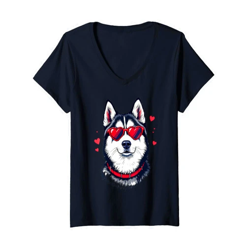 Cute Husky Dog Lovers Valentine's Gift Womens Husky Heart Glasses Adorable Valentine’s Day V-Neck T-Shirt