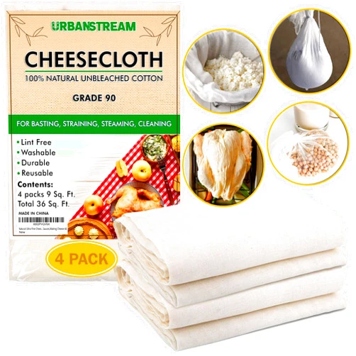 URBANSTREAM Cheesecloth, Grade 90, 36 Sq Feet, Reusable, 100% Unbleached Cotton Fabric, Ultra Fine Cheesecloth for Cooking, Nut Milk Bag, Strainer, Filter, 4Yards 4 Pack 36 Sq ft