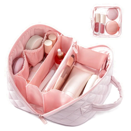 LOVEVOOK Travel Makeup Bag for Women, 2Pcs Puffer Waterproof Cosmetic Organizer, Large Capacity Pouch Open Flat Small Toiletry Bag with Brush Compartment & Handle (Pink, Medium)