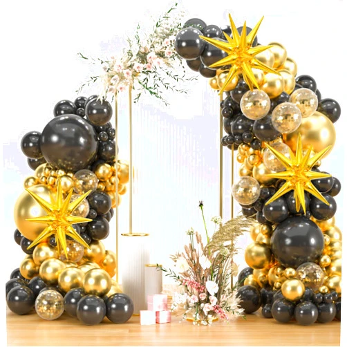 Q&High Life 191pcs Black and Gold Balloons Garland Arch Kit with Starburst Foil Balloons, 18 12 10 5inch Black Metallic Gold Confetti Balloons for Birthday Wedding Graduation Party Decorations
