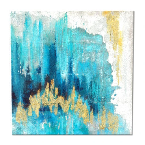 UTOP-art Teal Wall Art Abstract Picture: Gold Foils and Heavy Texture Painting on Canvas for Navy Blue Living Room Decoration