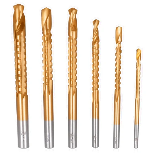 FdcZeyxior 6 Pack Titanium Coated HSS Twist Drill Bit Set 3-8mm Side Cutting Drill Bit Hex Shank Serrated Cutting Drill Bit Woodworking Tools for Plastic Metal Wood Hole