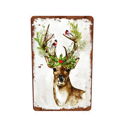 Graman Winter Metal Deer Vintage Tin Sign Christmas Holly Home Decor Cabin Wall Sign Decor Watercolor Rustic Deer Winter Wall Art Sign 8x5.5 Inch