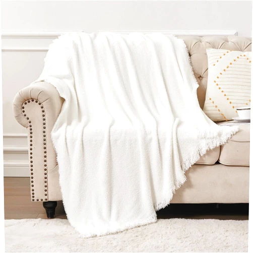 DISSA Throw Blanket, Super Soft Cozy Fuzzy Plush Warm Fringe Blankets & Throws for Couch, Sofa, Chair, Bed, Camping, Picnic, Travel Lightweight Bed Knitted White Blanket All Season Use - 51X63