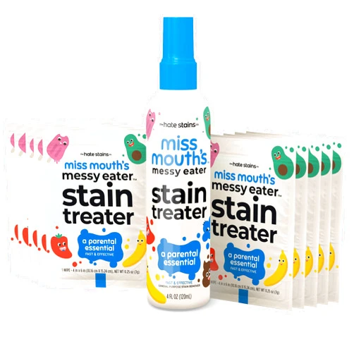 Miss Mouth's Messy Eater Stain Treater Spray - 4oz & 10 Wipes Stain Remover - Newborn & Baby Essentials - No Dry Cleaning Food, Grease, Coffee Off Laundry, Underwear, Fabric