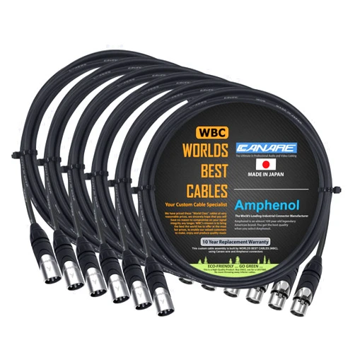 WORLDS BEST CABLES 6 Units - 2 Foot - Canare L-4E6S, Star Quad Balanced Male To Female Microphone Cables With Amphenol Silver XLR Connectors - CUSTOM MADE By WORLDS BEST CABLES.