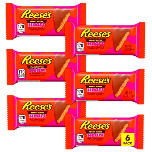 CHAIN & JO SWEETS Reeces Heart Milk Chocolate - Reeces Peanut Butter 1.2oz x 6 Pack Valentines Chocolate Gift Box Chocolate Candy Candy Bulk Peanut Butter Hearts Milk Chocolate & White Creme Heart - Individually Wrapped Snacks - Gift Basket for Kids & Adults