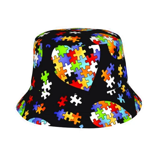 YzgWjBhd Autism Awareness Puzzle Pieces Heart Bucket Hat, Funny Fisherman Hat, Stylish Sun Hat for Travel, Beach, Golf, Fishing Black