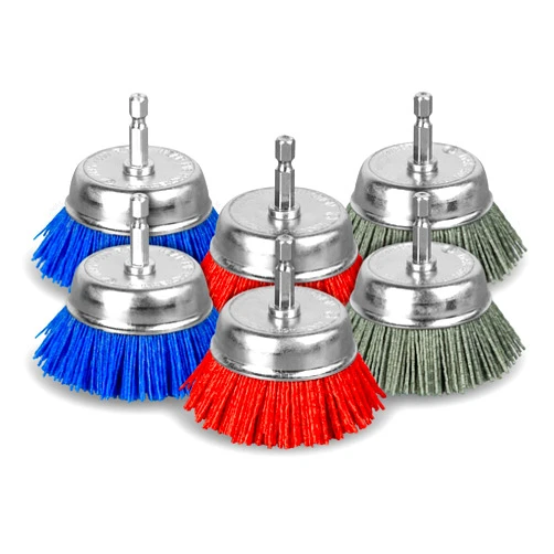 SALI 6Pack 3 Inch Cup Brush Nylon Filament Abrasive Wire Brush Wheel with 1/4 Inch Hex Shank, Three Grits Nylon Drill Brush Set for Removal of Rust Corrosion Paint