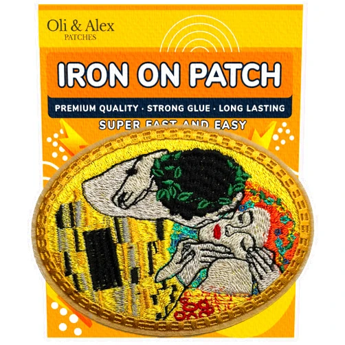 Oli and Alex Custom Exclusive Embroidery Iron On Patches - Classic Art Patch - The Kiss Klimt - Retro Vintage Patch Embroidered Applique - Unique Designer Original Artistic for Jackets Jeans Denim Bags