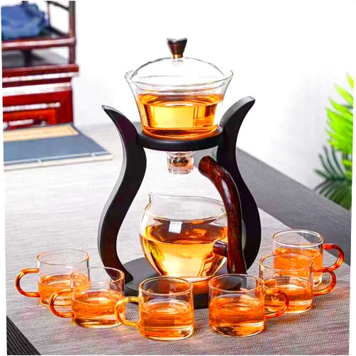 Aoheuo Lazy Kungfu Glass Tea Set Water Diversion Rotating Cover Bowl Semi-Automatic Glass Teapot Suit (Wooden)