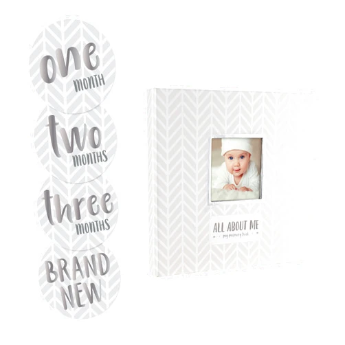 Pearhead Herringbone Baby Memory Book with Included Baby Belly Stickers, Modern Baby Keepsake Journal With Monthly Milestone Stickers, 5 Year Baby Book, Gender-Neutral Gift For New And Expecting Moms