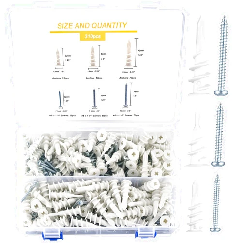 BJBJJIU 310 Pcs Self Drilling Drywall Anchors and Screws Kit, Wall Anchors and Screws for Drywall, Nylon Plastic Plaster Wall Anchors, Self Tapping Pan Head Screws, for Hanging, No Pre Drill Hole