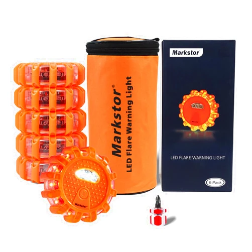 Markstor 6-Pack LED Road Flare Car Emergency Kit,Magnetic Base & Hook Road Flares Safety Light With 9 Flashing Modes,Roadside Flares Emergency Lights For Vehicles (6 Pack)