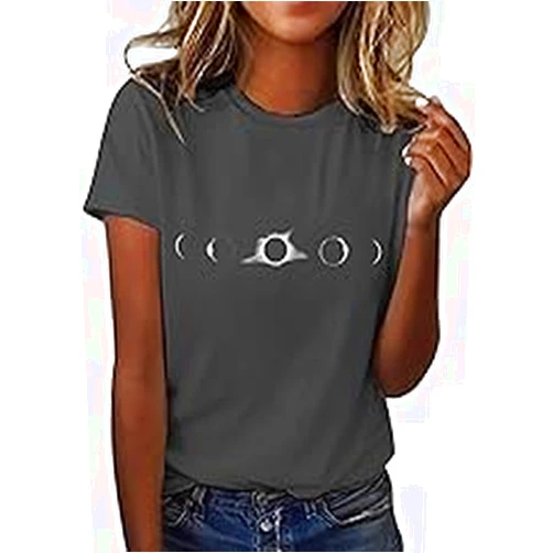 ADJHDFH Women's Solar Print Round Neck Short Sleeve T Shirt Top Spandex Short Sleeve Shirt