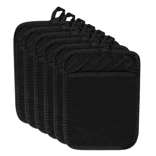 R HORSE 6Pcs Pot Holder with Pocket for Kitchen Black Pocket Pot Holder Set Cotton Heat Resistant Potholder Terry Cloth Coaster Kitchen Hot Pad Oven Mitts Hot Pads Trivet for Baking Cooking 7''x9''