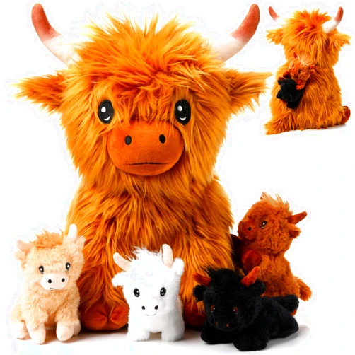 HyDren 5 Pcs Highland Cows Stuffed Animal 13.78 Inch Mommy Highland Cow Plush with 4 Little Babies Soft Plush Toy Cow Set for Boys and Girls Birthday Party Favors