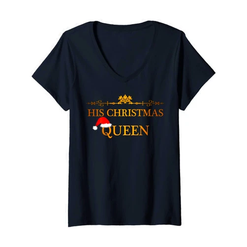 The Christmas Couples Lovely Story Artwork Womens Funny Couple Matching Tee Her-His Christmas Queen-King 2Pcs V-Neck T-Shirt