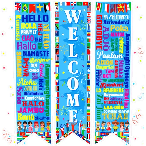 Outus 3 Pcs World Flag Banner Flag Decoration Welcome International Banner World Porch Sign Country Flags for International Party Supplies Around the World Soccer Sports Events Club Classroom Decor