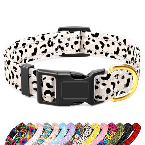 TMOODEL Reflective Dog Collar for Medium Dogs, Cute Leopard Style Adjustable Heavy-Duty Nylon Puppy Collar for Boy and Girl Female, Soft Pet Accessories with Quick Release Buckle, Beige