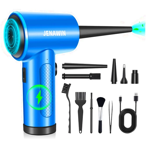 Jenawin Compressed Air Duster, 3 Speed 91000RPM Super Power Cordless Electric Air Duster with LED, 8000mAh Keyboard Cleaning Canned Air, 14 In 1 Air Duster Rechargeable,Compressed Air For IT Computers