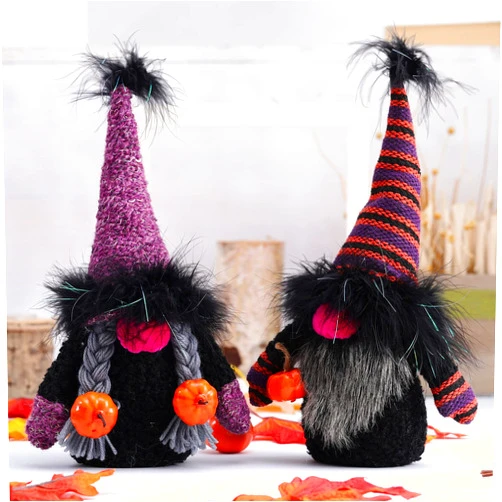 SSKE 2Pcs Halloween Decoration Gnomes - Pumpkin Plush Dark Elf Swedish Tomte - Black Halloween Indoor Tree Ornaments - Autumn Nisse Doll Handmade Figurine Decor for Party Home