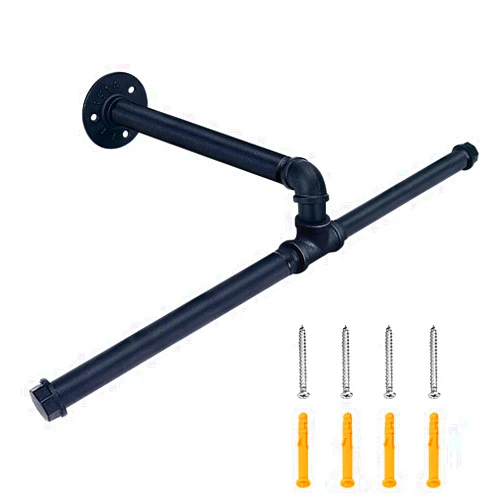 TLBTEK Industrial Pipe Clothes Rack,Heavy Duty Rustic Clothes Hanging Shelves System,Wall Mounted Detachable Black Iron Metal Garment Bar for Retail Display,Closet Organization (20 Inch)