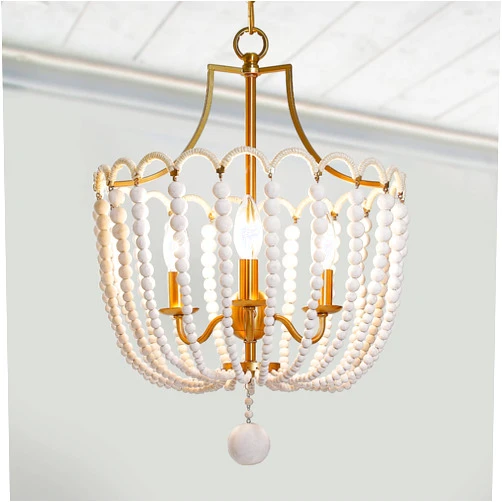 CFAGHOMEDESIGN Boho Bead Chandelier, 3-Light Wood Beaded Gold Chandelier Light Fixture for Nursery Entryway Foyer Hallway Bedroom, Solid White Wood Beads, Electroplated Brass Metal