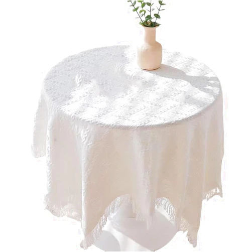 Abobo LIFESTYLE Creamy White Heavy Cotton Tablecloth/Square Fringed Table Cloths/Coffee Table Cloths/End Table Covers for Table Decorations 51“x51”
